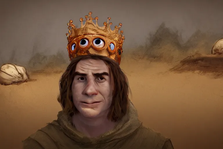 Image similar to the potato king appears before the large crowd of his subjects in all his glory wearing his crown, concept art, blender, glossy googly eyes, realistic dirt.