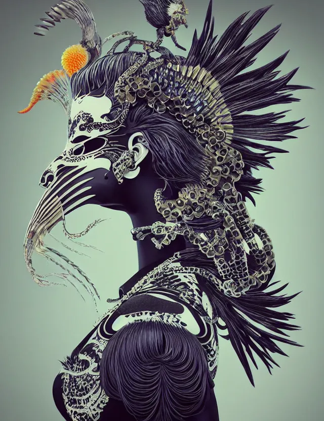 Image similar to 3 d coherent goddess close - up profile portrait punk with mohawk with ram skull. beautiful intricately detailed japanese crow kitsune mask and clasical japanese kimono. betta fish, jellyfish phoenix, bio luminescent, plasma, ice, water, wind, creature, artwork by tooth wu and wlop and beeple and greg rutkowski