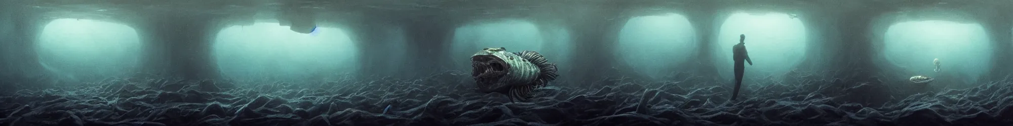 Image similar to underwater photo of alien fish, Les Edwards, Zdzislaw Beksinski, Carl Gustav Carus, John Harris, Michal Karcz, Zhang Kechun, Mikko Lagerstedt, Scott Listfield, Steven Outram, Jessica Rossier