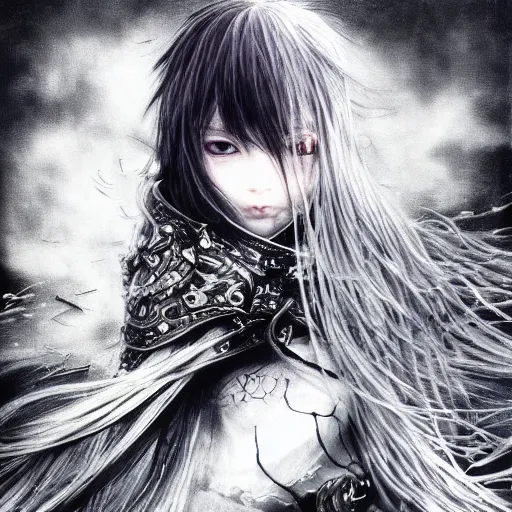 Image similar to yoshitaka amano blurred and dreamy illustration of an anime girl with pirate eye patch, wavy white hair and cracks on her face wearing elden ring armour with the cape fluttering in the wind, abstract black and white patterns on the background, noisy film grain effect, highly detailed, renaissance oil painting, weird portrait angle