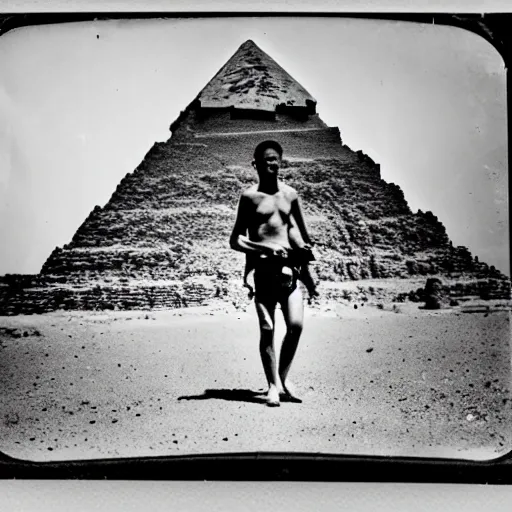 Prompt: tintype photo, underwater, Bigfoot walking in front of the pyramids