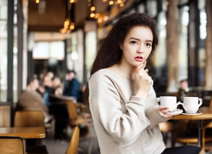 Image similar to beautiful!!! young adult woman in a cozy coffee shop wearing an avant garde outfit designed by zaha hadid, natural lighting, 5 0 mm