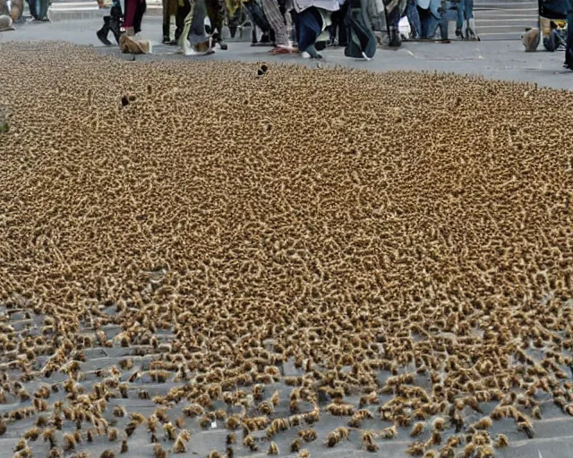 Image similar to swarm of bee's. infestation in the city. city dwellers run for their lives. terrorist attack.