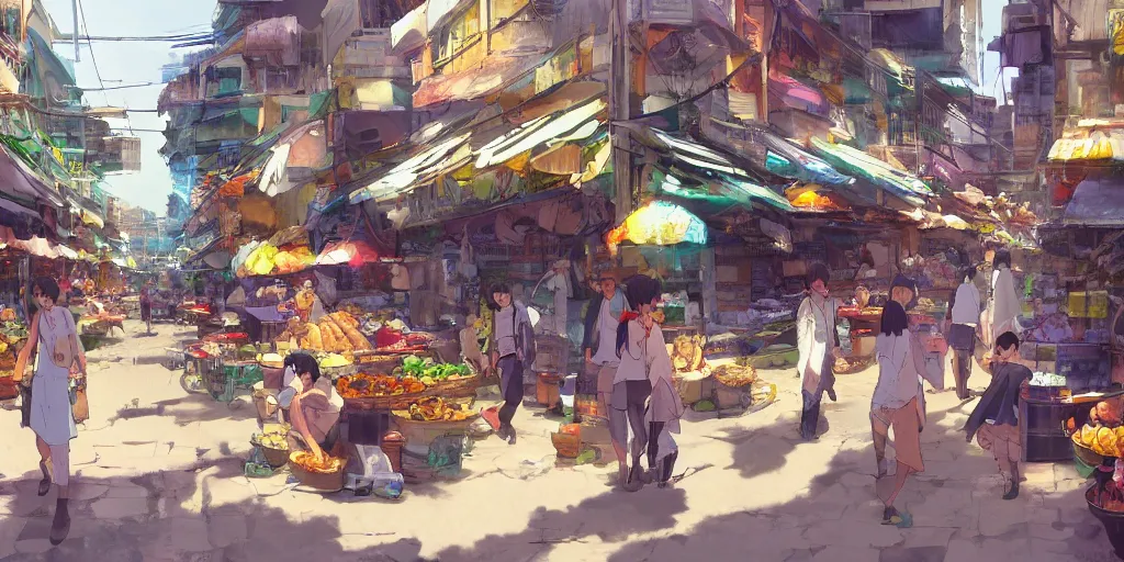 Prompt: Concept art by Makoto Shinkai of a lively, full of life market with merchants spread along an alley full with human activities, Bangkok old city, Bangkok shophouses, vivid, sunny.