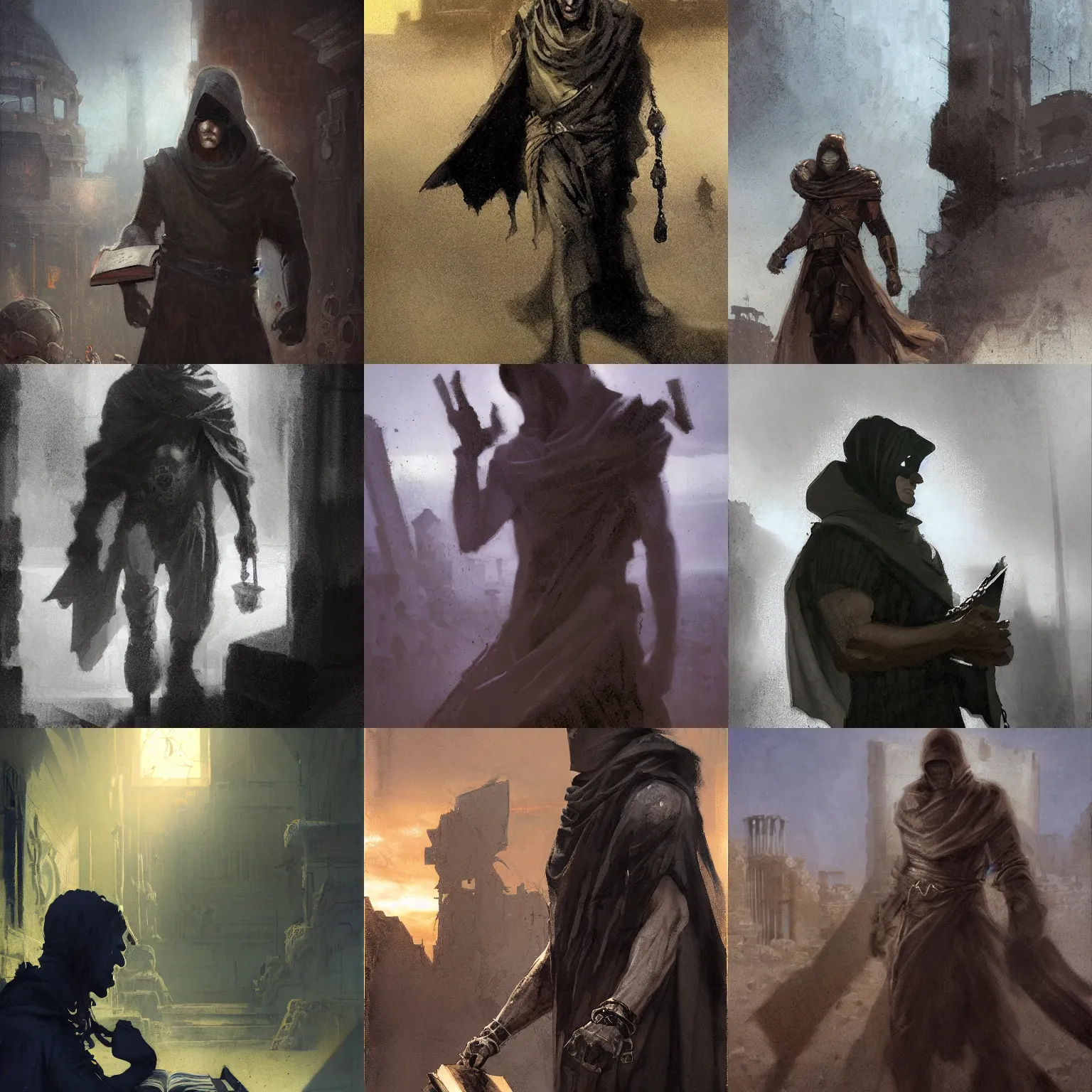 Prompt: portrait of destiny from sandman, man wearing a closed cowl, big old book chained to the wrist, by jeremy mann, by craig mullins and mike mignola, by jeff easley, face in the shadows, walking between ruins of ancient rome at dusk, sublime atmosphere, high detailed, 8 k