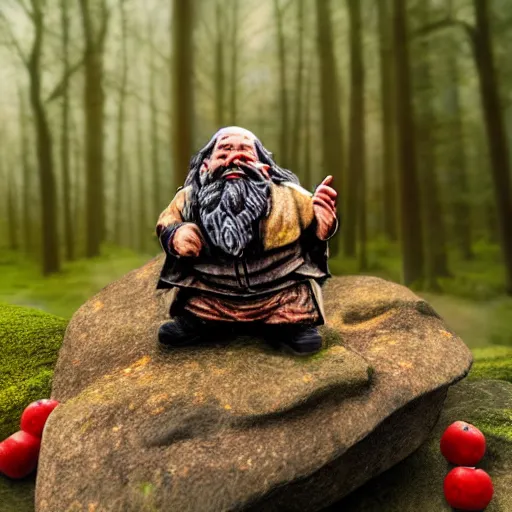 Image similar to A picture of a magical mysterious dwarf sitting on a rock in the forest eating red apple, style of Petar Meseldžija, ultra detailed, hyper realistic