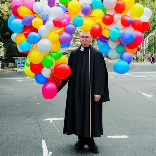 Image similar to a priest holding many balloons