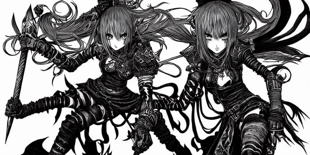 Image similar to Jinx Arcane (league of legends, 2009), artwork by kentaro miura, Kentaro Miura style, Berserk Style, High details, cinematic composition, manga, black and white ink style, a lot of details with ink shadows