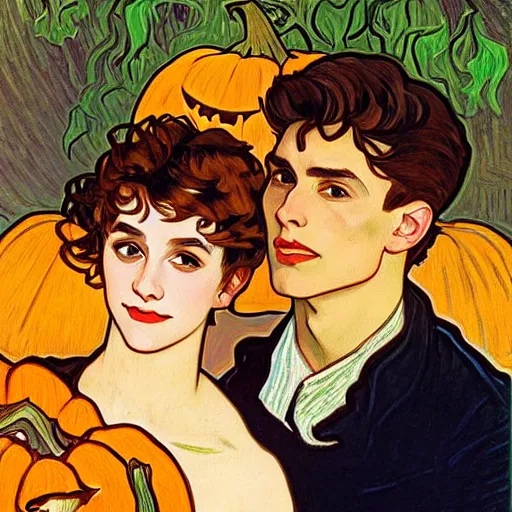 Image similar to painting of handsome young delicate beautiful jeffrey in his 2 0 s with brown hair and gorgeous rina together at the jack o'lantern halloween party holding pumpkins, elegant, clear, painting, stylized, art, art by alphonse mucha, vincent van gogh, egon schiele,