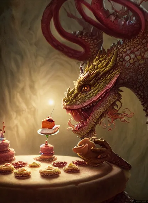 Image similar to highly detailed closeup portrait of a fairytale dragon eating cakes, unreal engine, nicoletta ceccoli, mark ryden, earl norem, lostfish, hyung tae, frank frazetta, global illumination, detailed and intricate environment