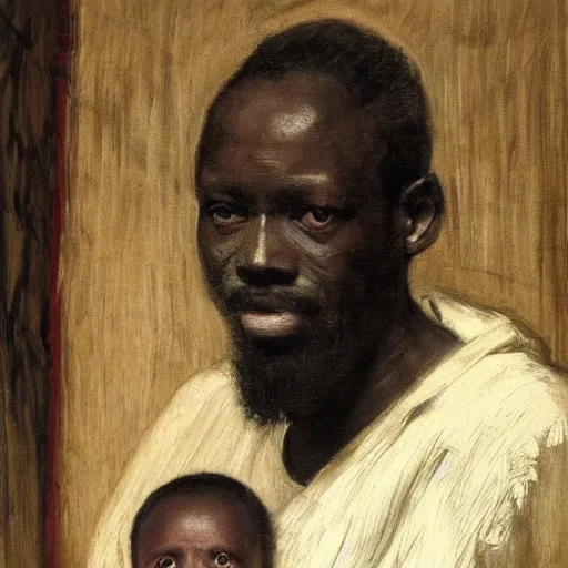 Image similar to a painting of a elegant well fed elder with few eyebrows and his son from Kenya by Henry Ossawa Tanner . thinker without facial hair, thoughtful, focused, visionary, calm, jovial, loving, fatherly, generous, . dramatic angle, ethereal lights, details, smooth, sharp focus, illustration, realistic, cinematic, artstation, award winning, rgb , unreal engine, octane render, cinematic light, macro, depth of field, blur, red light and clouds from the back, highly detailed epic cinematic concept art CG render made in Maya, Blender and Photoshop, octane render, excellent composition, dynamic dramatic cinematic lighting, aesthetic, very inspirational, arthouse.