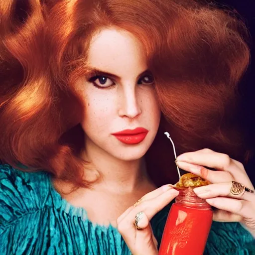 Prompt: photo of lana del rey eating a hot dog with catsup smeared all over her face, vogue magazine