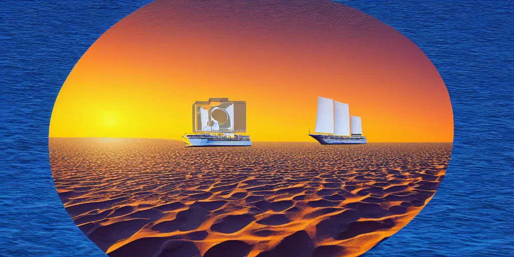 Prompt: a cruise ship sailing thru sahara desert while making big waves in sand, sunset background, detailed, digital photo, 2 - point perspective