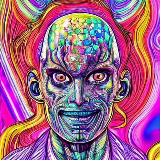 Image similar to a psychedelic godlike humanoid, hyper detailed, in the style of rutkowski and junji ito and bob ross and lisa frank, selfie