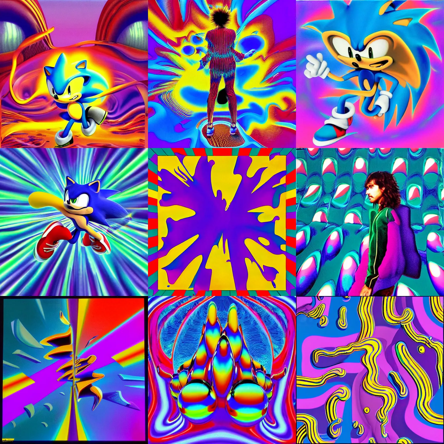 Prompt: surreal, soft, hyperrealistic sonic portrait professional, high quality airbrush art tame impala album cover of a liquid dissolving airbrush art lsd dmt sonic the hedgehog dashing through cyberspace, purple checkerboard background, 1 9 8 0 s 1 9 8 2 sega genesis video game album cover