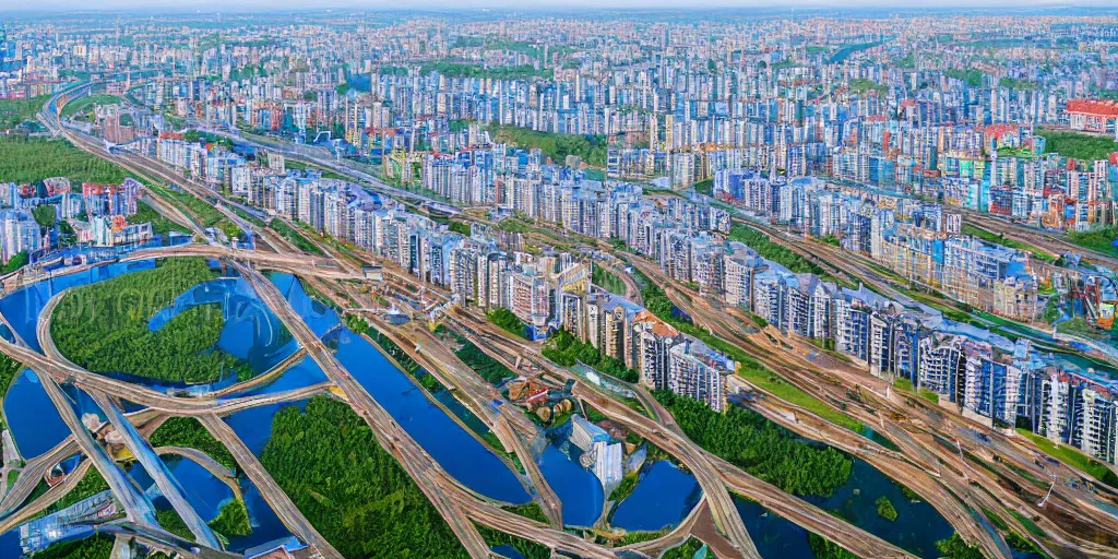 Image similar to bird's eye view photograph of a highrise Russian city, apartments, train station, pond, wide roads, no watermarks, extremely detailed photography