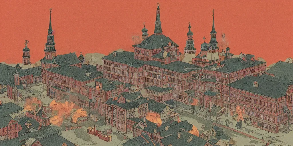 Prompt: historical illustration of higher school of economics set on a fire during invasion of a moscow, created by hasui kawase, super - detailed, a lot of tiny details