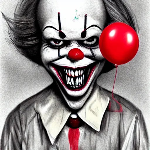 Image similar to surrealism grunge cartoon portrait sketch of pennywise with a wide smile and a red balloon by - michael karcz, loony toons style, pennywise style, horror theme, detailed, elegant, intricate