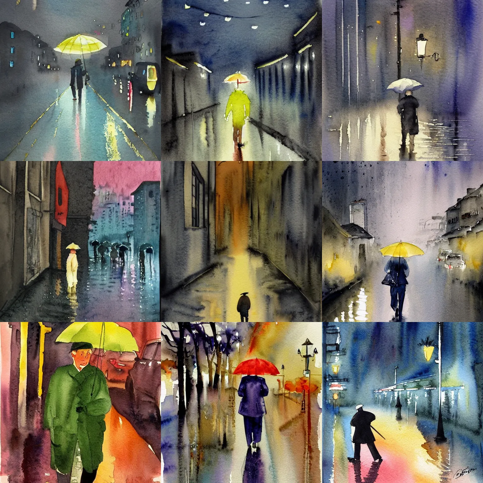 Prompt: a 1 9 6 0 watercolor painting night watchman walking on a rainy night, nice colour scheme, soft warm colour. studio gibli. beautiful detailed watercolor by lurid