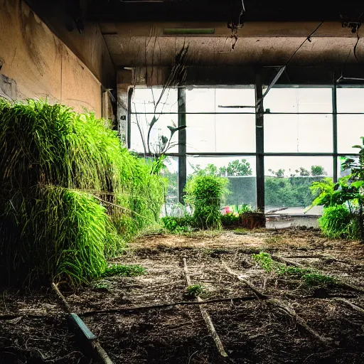 Image similar to a farm inside an abandoned car parking building, concrete, overgrown plants, giant neon sign, photo by greg girard, dark, cinematic, volumetric light
