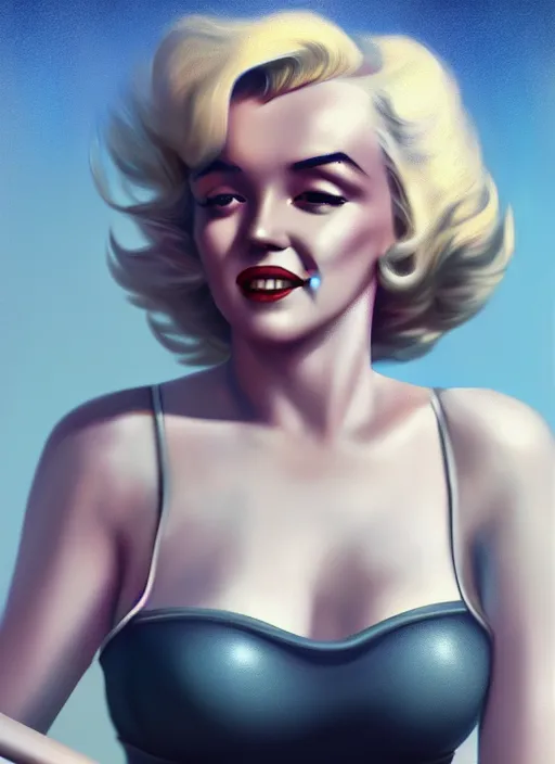 Prompt: marilyn monroe detailed full clothing, half body shot, arms down, path traced, highly detailed, high quality, digital painting, alena aenami, arnold bocklin, tom bagshaw