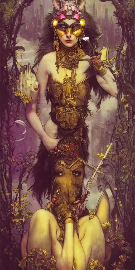 Prompt: hyper realistic Princess Mononoke in her mask, busy metropolis, city landscape, wolves, magic, castle, jewels, style of tom bagshaw, mucha, james gurney, norman rockwell, gems and gold, waterfalls, denoised, sharp, yellow purple and black colours,