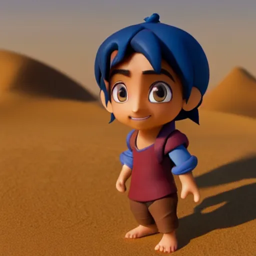 Image similar to profile view of young aladdin as nendoroid walking in a desert in the croods movie style, wearing typical clothes, 8 k, hd, dof, kodak film, volumetric lighting, subsurface scattering, photorealistic, octane render