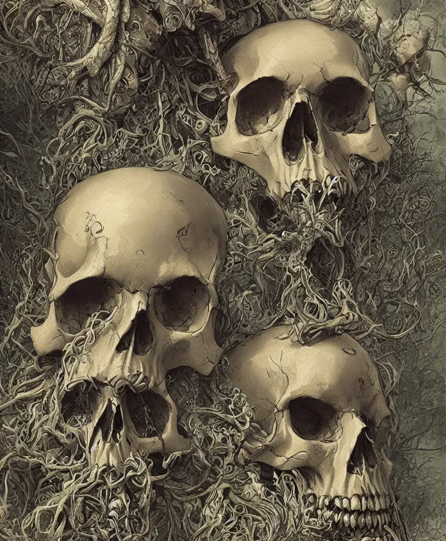 Image similar to close up skull and bones pile, illustrated by Simon Stålenhag and Gaston Bussiere, intricate, ultra detailed, photorealistic, trending on artstation