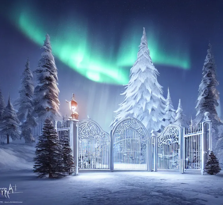 Prompt: a very detailed concept art of intricate and well designed white gates to santa's northpole, infused with aurora borealis by greg rutkowski, dynamic lighting, trending on artstation, path traced, highly detailed, high quality, digital painting,, digital art, 4 k, hyper realistic, octane render, sharp focus