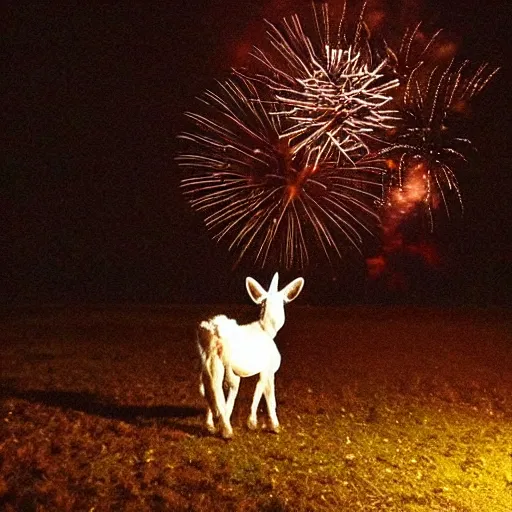 Prompt: “fireworks in the night sky raining down embers and sparks and brightly burning pieces falling from the sky, a pale donkey stands in a field in the darkness. Photography. Flash photo. Cursed image.”