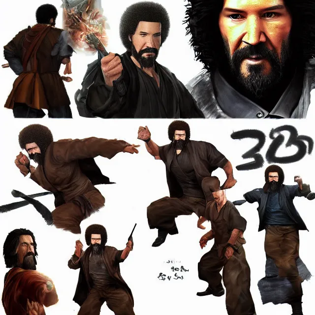 Image similar to bob ross and keanu reeves as a main characters in mortal kombat, concept, artstation, trending on deviantart, 4 k, very very detailed, realistic face,