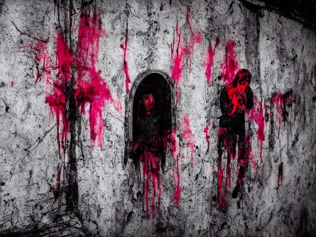 Image similar to ghost wraith apparition caught on camera, graffiti in an abandoned bunker, cute fumo plush gothic black enigmatic maiden girl painted in spilt red ink and washed watercolor, minimalist avant garde pop art, filmic, vignette, captured on canon eos r 6