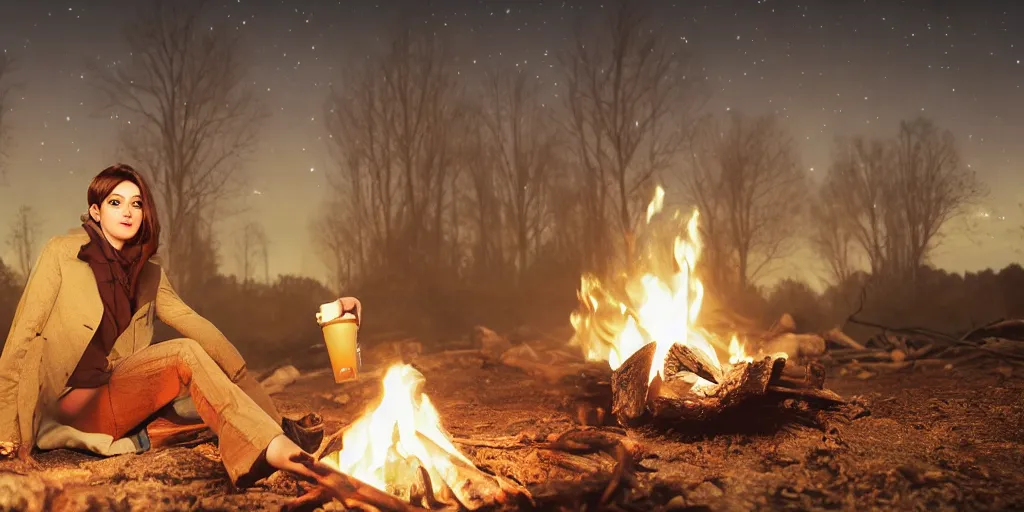 Image similar to A Z-brush octane render of a girl with short black hair and green eyes in a tan trenchcoat sitting on a log and drinking tea by the campfire by her motorcycle at night under the stars, elegant scene, beautiful landscape in the background, wide angle, cinematic lighting, atmospheric, ultrarealistic, trending on artstation, cgsociety, highly detailed, color graded, in the style of craig mullins, rendered in Unreal Engine 4k HQ, horizon forbidden west