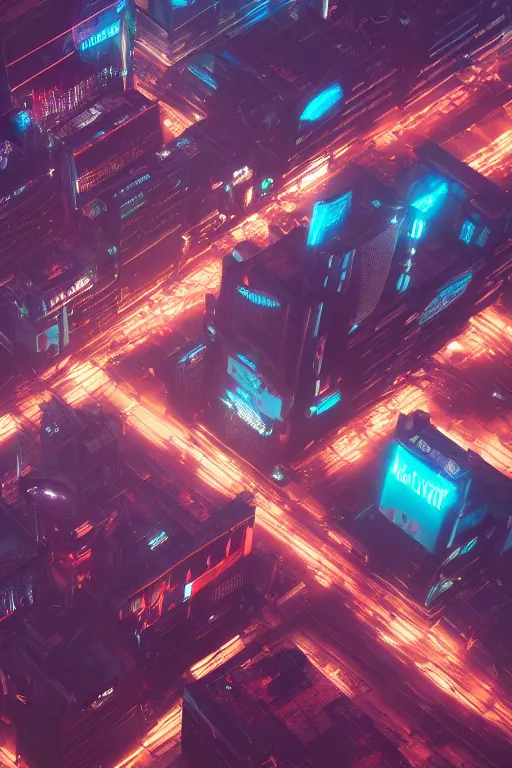 Prompt: an aerial photograph of a futuristic, blade runner city with heavy atmosphere. Flying vehicles. Volumetric light. Rainfall. Dystopic. Evening, neon lights. Highly detailed. Octane render.