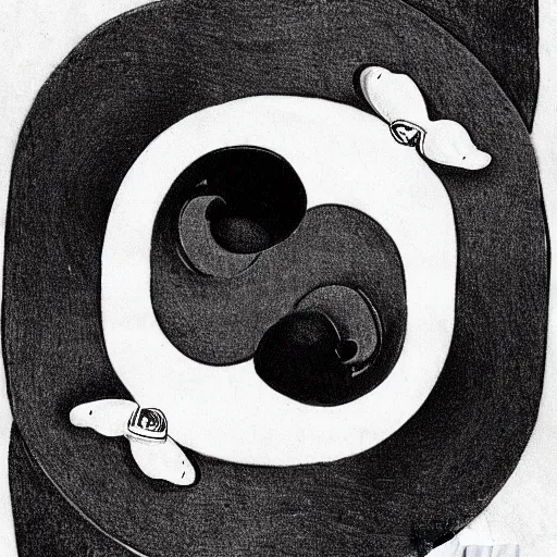 Image similar to yin Yang sea creatures as old black and white vintage cartoons