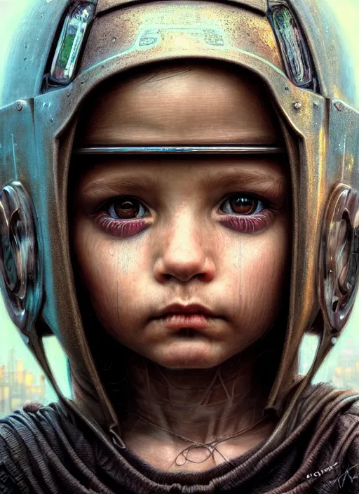 Image similar to closeup portrait shot of a cyberpunk child in a scenic dystopian environment, intricate, elegant, highly detailed, centered, digital painting, artstation, concept art, smooth, sharp focus, illustration, artgerm, tomasz alen kopera, peter mohrbacher, donato giancola, joseph christian leyendecker, wlop, boris vallejo