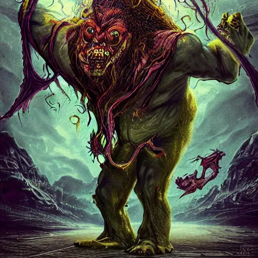 Prompt: terrifying mutant troll combined with large fat hissing cockroach, gothic art, popping color, detailed, eerie, emotional, gothic, highly detailed, incredibly sharp focus, Artstation, deviantart, artgem, insane detail, intense color, vibrant cartoon art, award-winning art, French comic art, 8k, super precise detail, golden ratio, in the style of Heavy Metal Comics