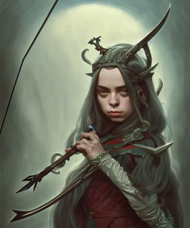 Image similar to Billie Eilish as a fantasy elf with a bow and arrow, portrait, fantasy, intricate, elegant, highly detailed, digital painting, artstation, concept art, smooth, sharp focus, illustration, art by artgerm and greg rutkowski and alphonse mucha