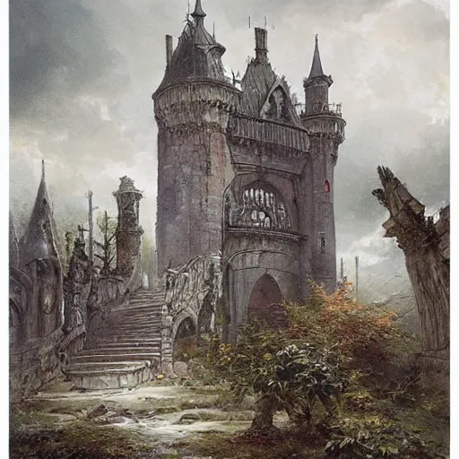 Prompt: Jean-Baptiste Monge and Alex Ross a artwork of a gothic revival castle gatehouse