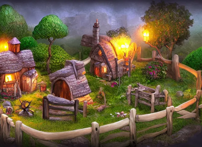 Prompt: munchkin village house, 3d model, miniature, iso, isometric view, gas lighting, stone and wood, dead tree, digital art, unreal engine, artgerm, thomas kinkade, blizzard