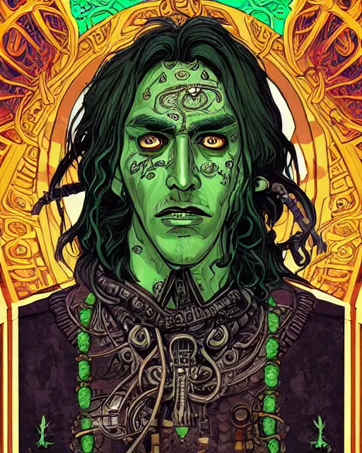 Image similar to a detailed portrait illustration of a steampunk wizard. stern indian male face, dark skin, piercing green eyes. art nouveau, pop art, comic book style. influenced by neil gaiman, h. p. lovecraft, dan mumford, android jones, vadim voitekhovitch, killian eng, ross tran.