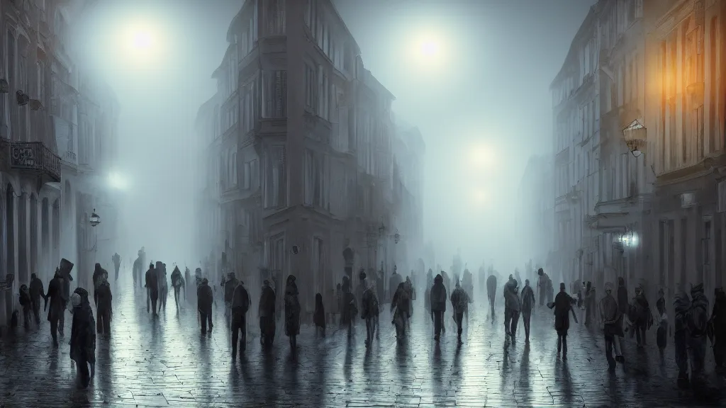 Image similar to dim sun over a crowd of people on street of the old town with houses in the windows of which the light is on. early morning, fog on ground, wet street. mike barr painting. volumetric light, dull colors, dark, noir arthouse, 3 5 mm, hight detalied, hd, 4 k