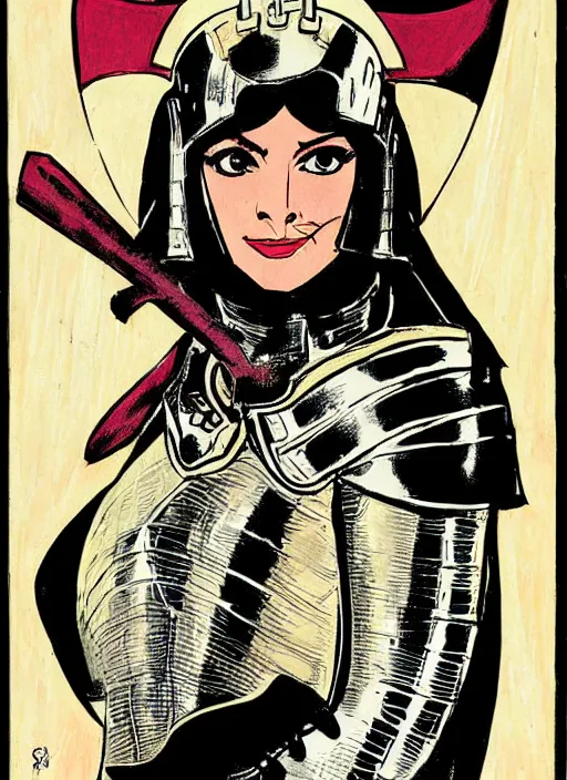 Image similar to head and shoulders portrait of a female knight. well composed, clean elegant painting, beautiful detailed face. comic book art by steve ditko and jack kirby