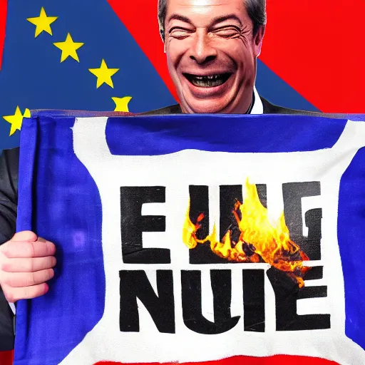 Image similar to nigel farage laughing holding burning eu flag, photograph, hd