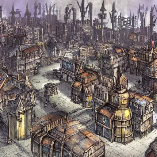 Image similar to planescape: torment art style city concept art