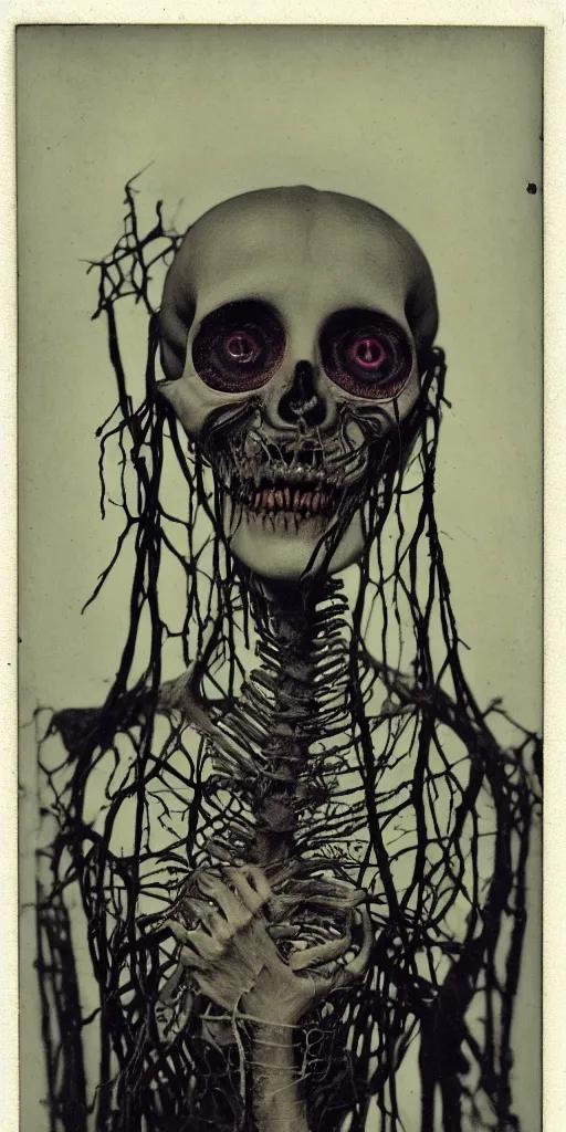 Image similar to an 1 9 1 0 polaroid photography of a very sad and detailed rotten woman corpse with fractal ornate growing around her face muscles, veins, arteries, bones, anatomical, skull, eye, ears, full body, intricate, surreal, ray caesar, john constable, guy denning, dan hillier, black and white