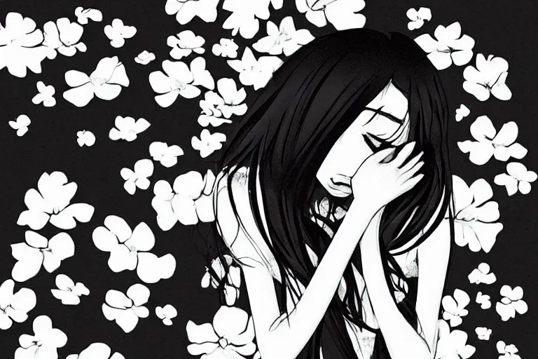 Prompt: “Extremely distraught black and white anime girl dramatically crying with flowers petals being blown around her by a violent wind, black and white”