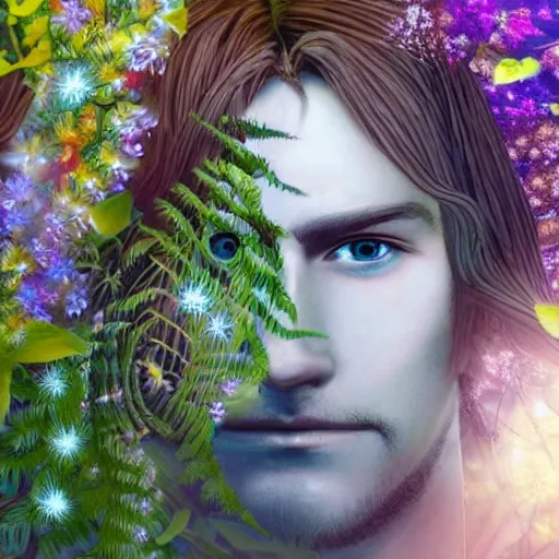 Prompt: half figure shot of a male angelic knight, stern face, clear eyes, shining sword, in a dark forest, shining armour made of steel and flowers, and fractal flowery hair in a fractal garden, glowing delicate flower, berries and ferns that grow in a dark fantasy forest, clear face, peaceful face,