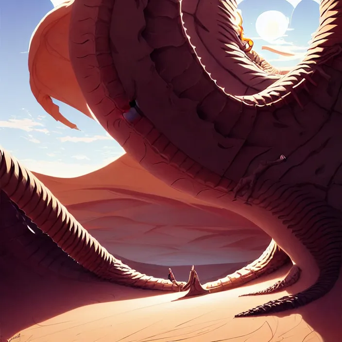 Image similar to style artgerm, joshua middleton, hubert robert, a giant sandworm creature in the desert, long sharp teeth, sand swirling, detailed, desert background setting, volumetric lighting