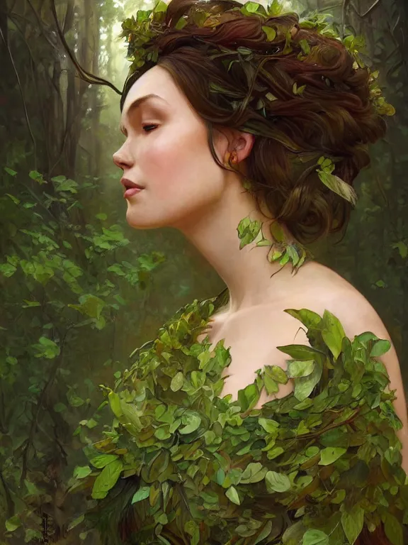 Prompt: portrait of a forest mage, female, delicated facial features, dress made of green leaves, gorgeous, green hair, brown skin, curves, forest background, highly detailed, sharp focus, chiaroscuro, digital painting, artgerm and greg rutkowski and alphonse mucha